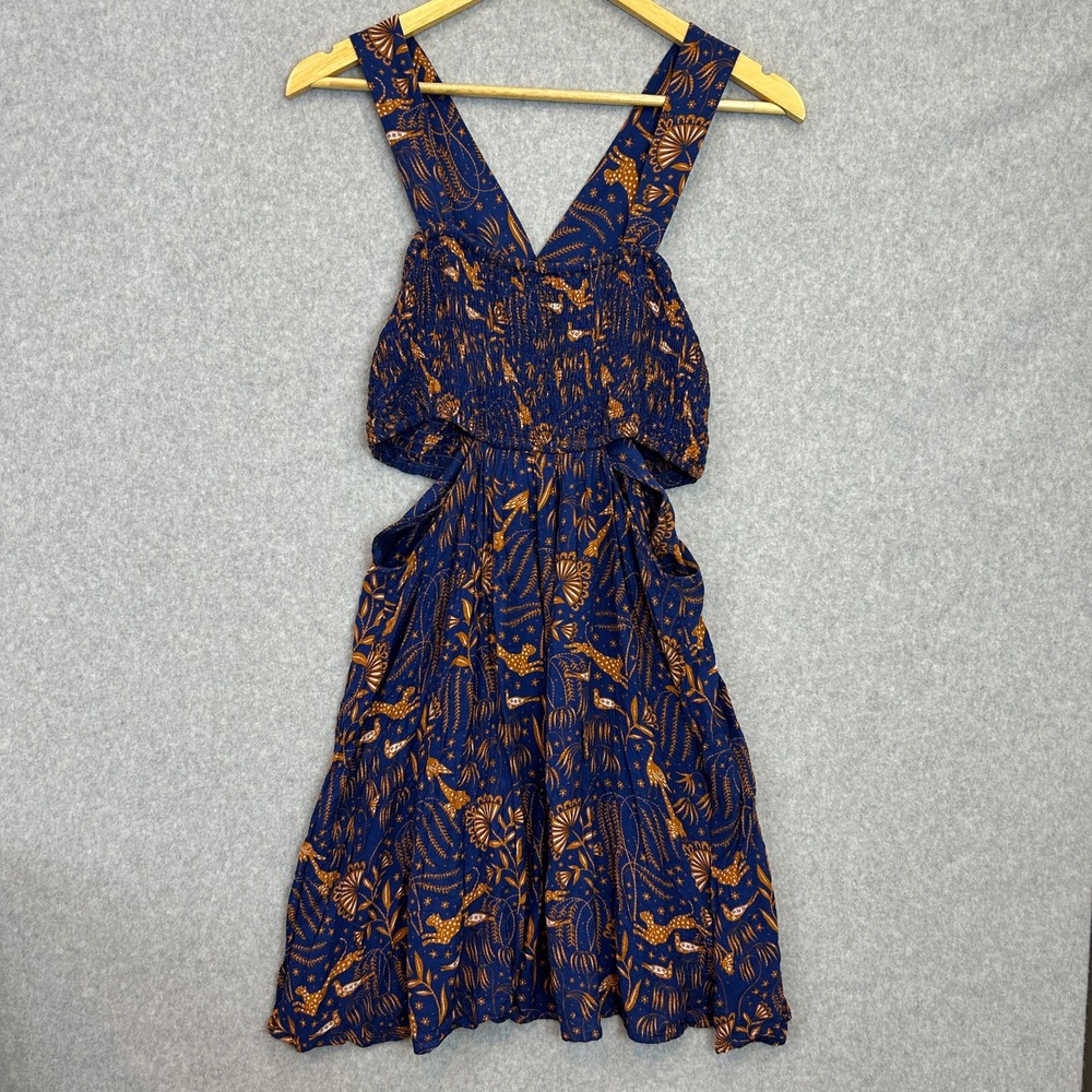 Anthropologie Mini Dress Blue Orange Botanical Animal Print Side Cut-Out Size M